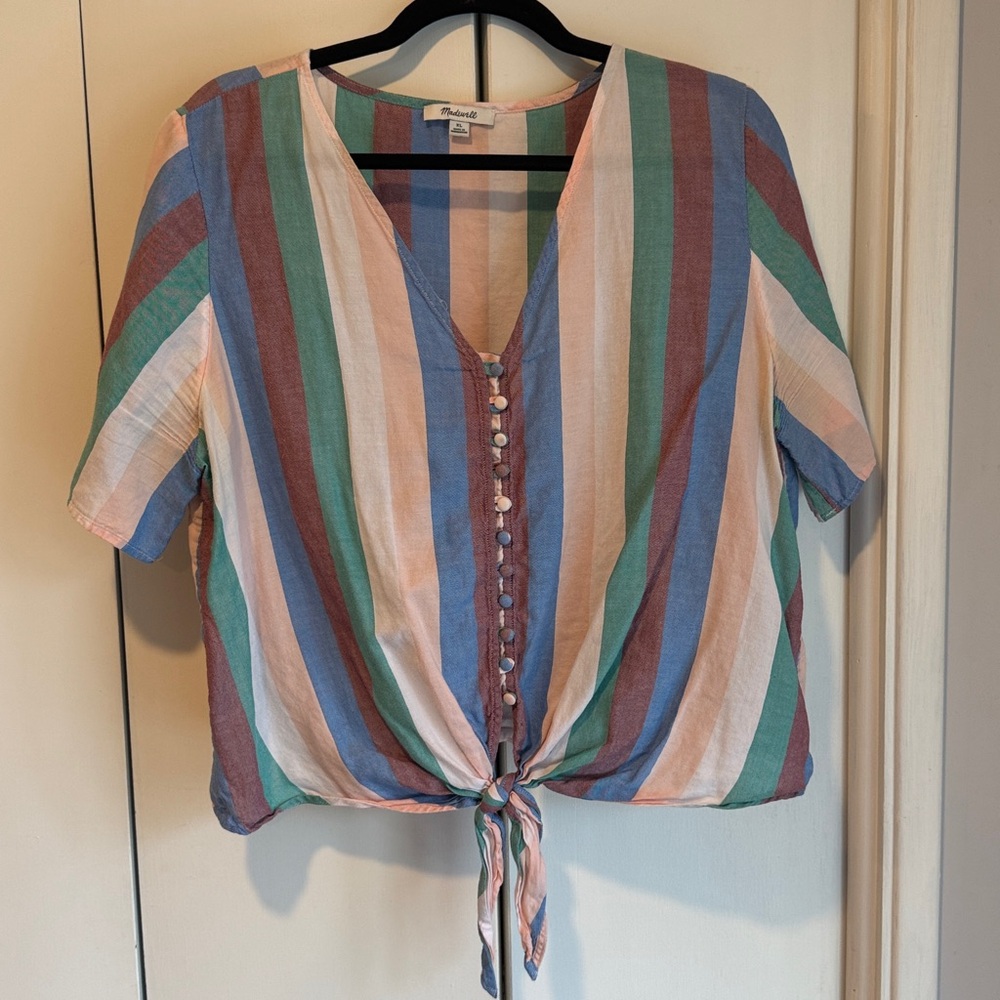 Madewell Striped Top with Buttons and Tie